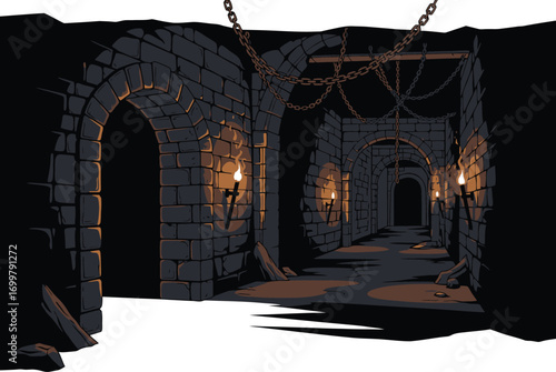 Dark, atmospheric dungeon corridor with stone arches and torchlight