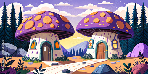 Cabin shaped like giant mushroom, whimsical design in forest clearing, fantasy-inspired natural retreat