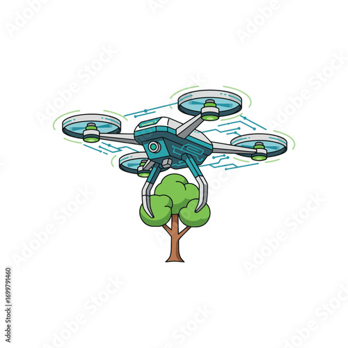 Drone with robotic claw gently collecting sample from a tree.