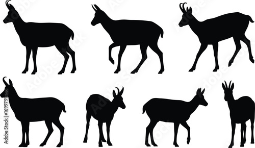 Silhouette illustration of antelope and deer in various standing and walking poses, perfect for wildlife, safari, nature, and animal design