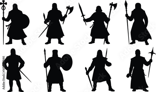 Silhouette of medieval warriors holding swords, spears, axes, shields, knights in armor, ancient soldiers, historical battle, warrior pose, fantasy characters, fighting stance