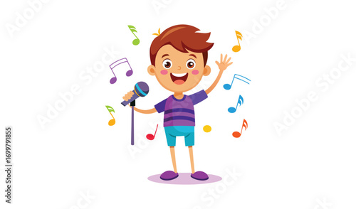 Happy young boy singing with a microphone and musical notes