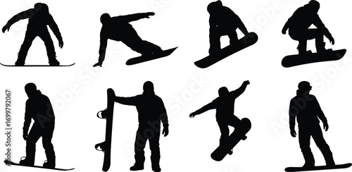 Silhouette of snowboarders performing tricks, riding snowboards, winter sports, extreme action, snowboarding jumps, adrenaline, athletic activity, outdoor adventure,