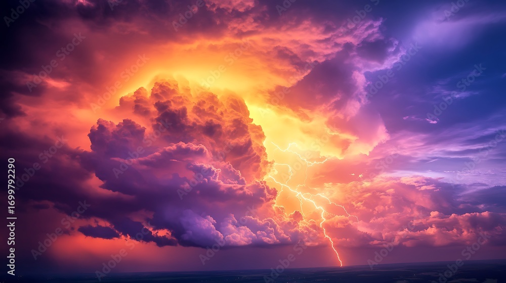 Obraz premium Dramatic Skyscape of a Thunderstorm with Lightning and Vibrant Cloud Colors