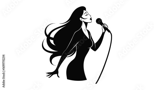 Elegant woman singing into microphone with flowing hair