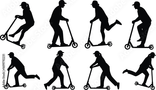 Silhouettes of men and women riding scooters in various poses, outdoor urban transportation, active lifestyle, electric kick scooters vector set