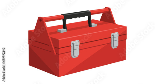 A vibrant red toolbox with a sturdy black handle and secure gray latches for organizing tools and equipment efficiently, making it a great resource