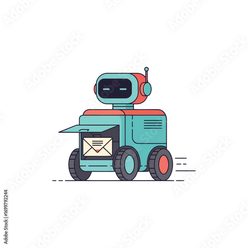 A futuristic robotic delivery vehicle with a letter inside its open compartment, moving forward with motion lines.