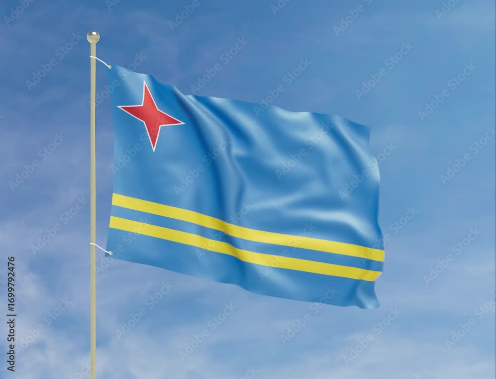 Flag of Aruba Waving Proudly on a Flagpole. 3D Animation of Arubans flag. Seamless Loop with Matte.