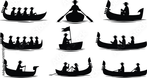 Silhouettes of people rowing gondola and boats, paddling together on water, perfect for travel, tourism, outdoor, and adventure design