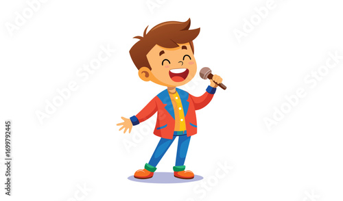Happy boy singing with microphone on stage