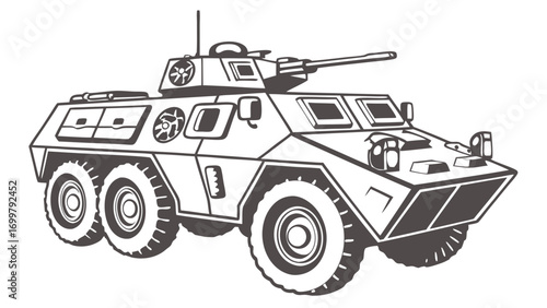 Monochromatic illustration of a powerful armored military vehicle, equipped with a formidable turret and gun, ready for defense operations and secure transport