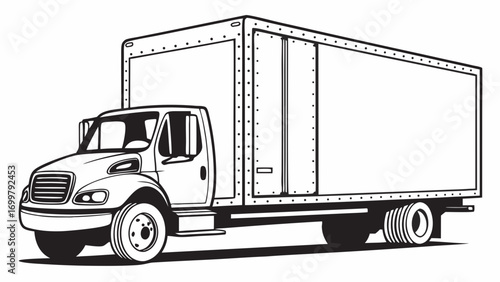 Monochromatic vector illustration of a robust commercial delivery truck, featuring a spacious cargo area for transportation, logistics, and moving services, isolated on a white background