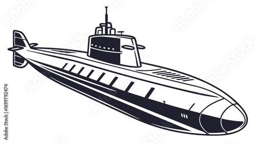 Sleek military submarine illustration for marine exploration and strategic underwater missions. A powerful vessel designed for deep-sea navigation and maritime security operations
