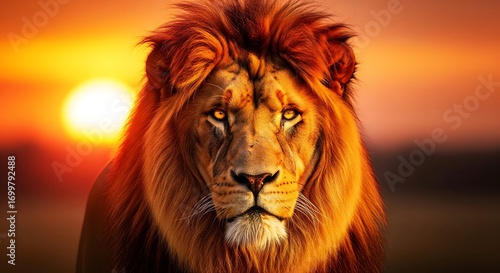 Majestic Lion King of the Jungle Roaring Under a Vibrant Sunset Sky