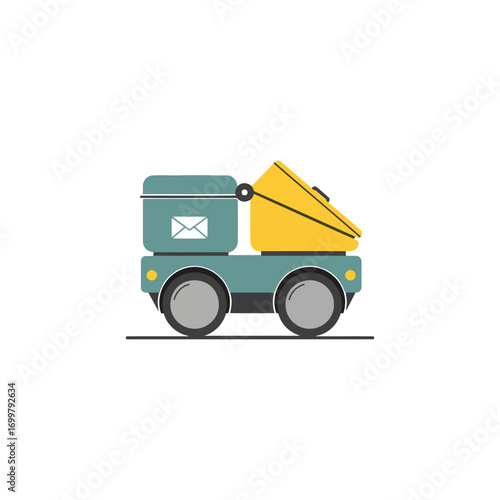 A stylized illustration of a small, automated delivery vehicle carrying packages.