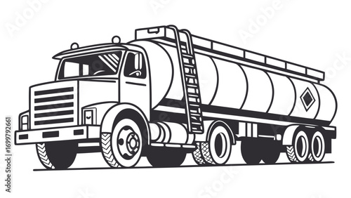 An iconic black and white vector illustration of a robust fuel tanker truck, representing critical industrial transport logistics and the essential concept of bulk delivery