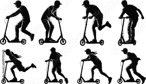Young men and women riding kick scooters, various dynamic poses, urban outdoor activity, active lifestyle, transportation, silhouette vector illustrations