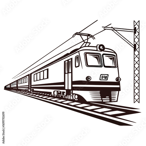 Sleek monochromatic illustration of a fast-moving electric train on railway tracks, symbolizing efficient modern transportation, express travel, and the journey experience