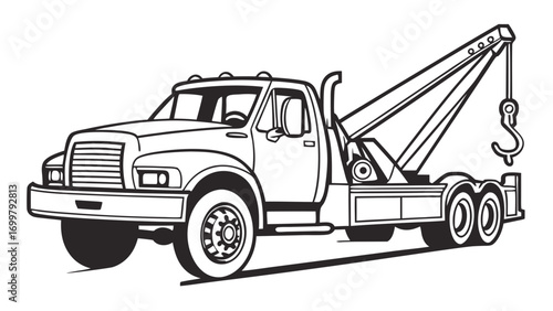 Black and white illustration of a classic heavy-duty tow truck. The vehicle's crane and hook symbolize reliable roadside assistance and essential recovery services