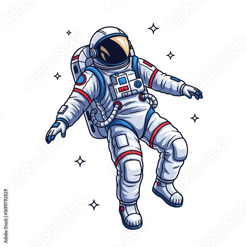 Cartoon astronaut in a white and blue spacesuit floating in zero gravity surrounded by stars.