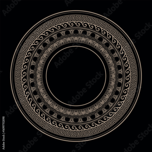 
Golden Round ornament meander frame. Greek key. Circle of Ancient Greece, Roman Empire. Typical egyptian, assyrian and greek motives circle border. Decoration of European palaces, porcelain, dishes