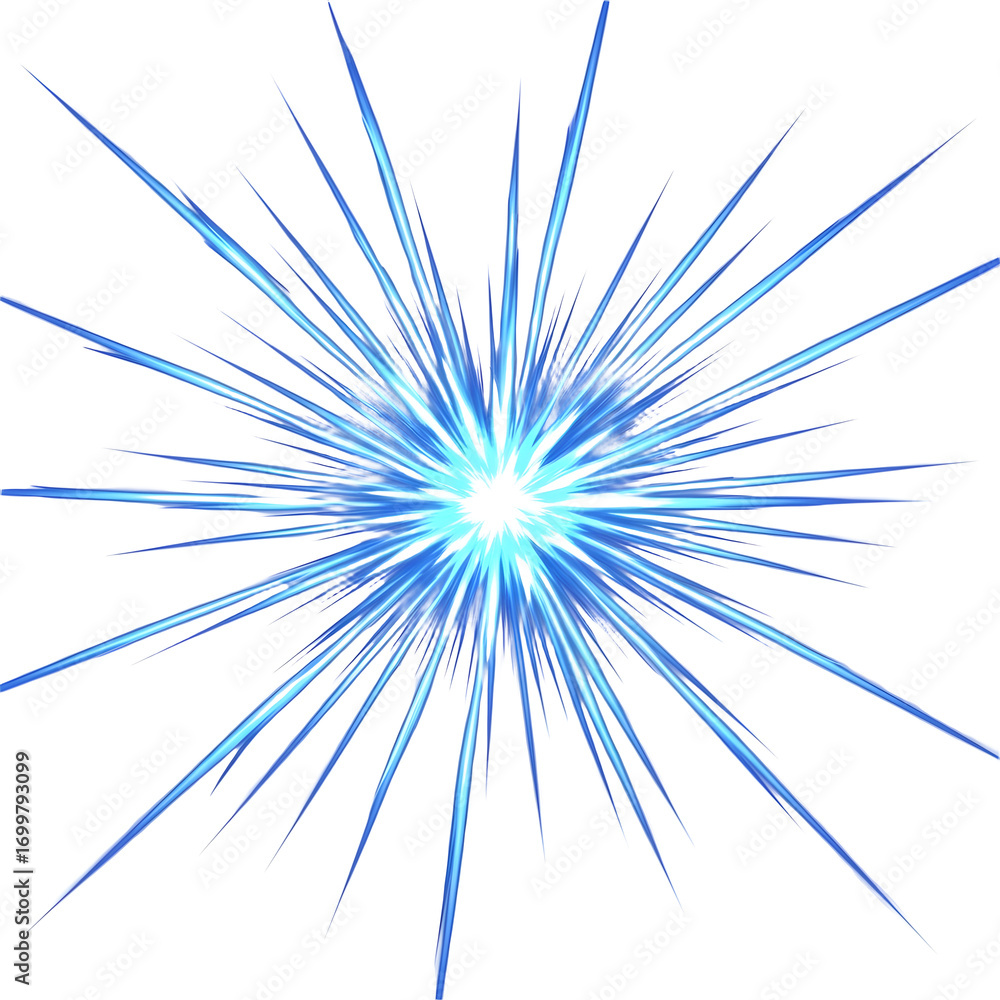 Fototapeta premium A bright blue starburst or explosion effect with sharp, radiating lines emanating from a central glowing core, isolated on transparent background