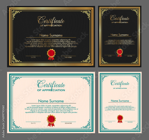 Award Certificate Design with black and cream background as options and gold frame.  Vector Illustration