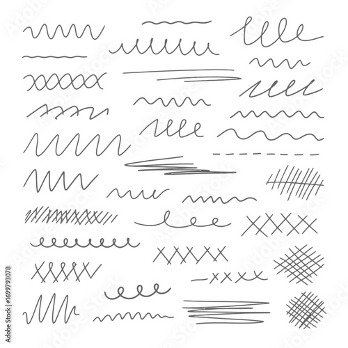 Collection of various hand-drawn scribbles, lines, waves, and crosshatch patterns.