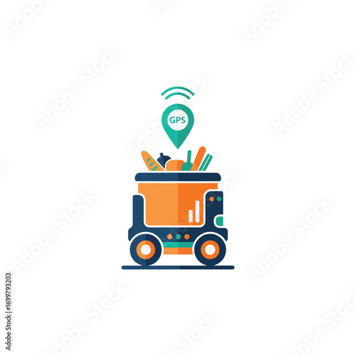 Illustration of an autonomous delivery robot carrying groceries, indicated by a GPS location pin above it.