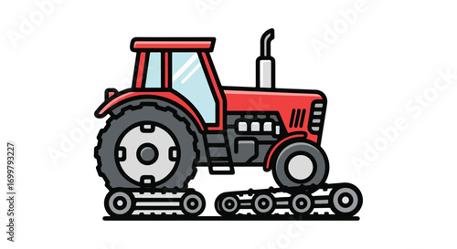 Stylized Illustration of a Red Tractor with Tracks on a White Background in Vector Format