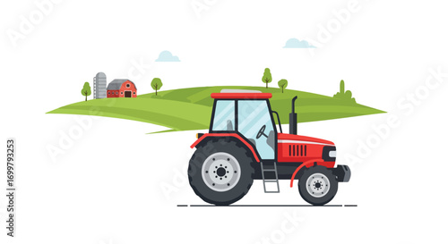 Agriculture landscape displaying a red tractor on rolling green hills, farm buildings against a clear sky symbolizing rural life and farming