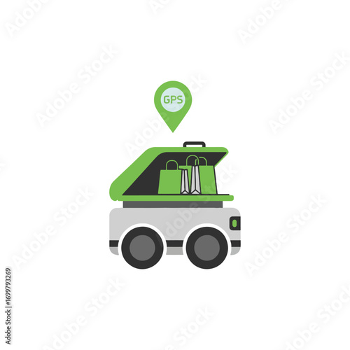 A self-driving delivery robot with an open compartment showing shopping bags, indicated by a GPS location marker.