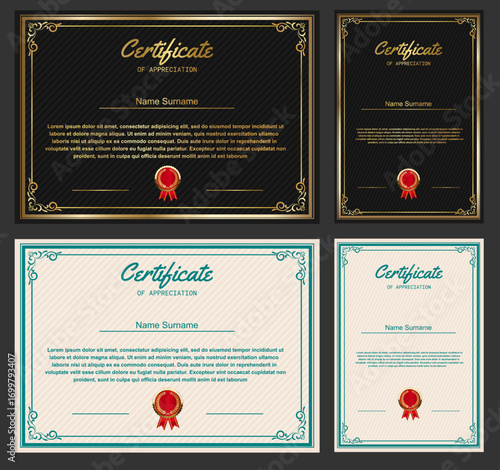 Award Certificate Design with black and cream background as options and gold frame.  Vector Illustration