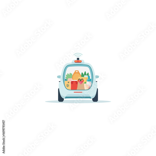 A light-blue autonomous delivery vehicle, filled with assorted groceries, is shown from the rear.