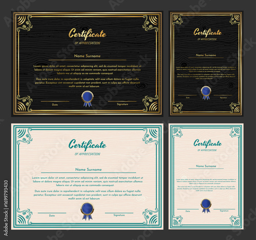 Award Certificate Design with black and cream background as options and gold frame.  Vector Illustration