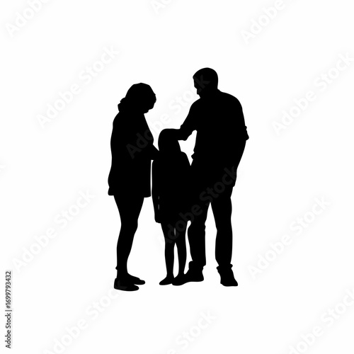 Parents comforting child after bullying silhouette isolated on white background