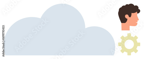 Large cloud, side profile of human head, and gear implying data storage, user control, and customization. Ideal for technology, IT, user interface, cloud computing innovation connection data