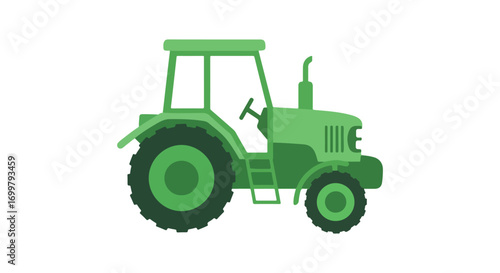 Agricultural vehicle illustration in green tones, farm equipment concept on white background, representing a classic farm tractor image
