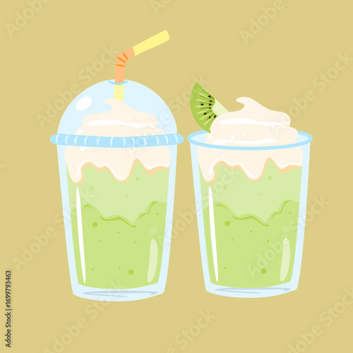 Cute greentea milk in plastic cup cartoon. Matcha theme with kiwi decoration illustration. Food and drink vector. Can be used for wallpaper, sticker, menu element
