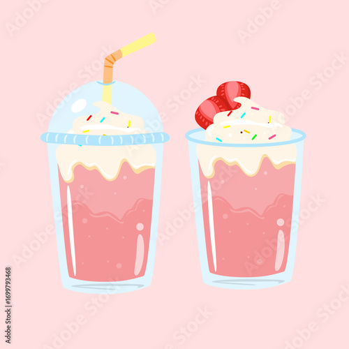 Strawberry milkshake in plastic cup cartoon. Food and drink illustration. Can be used for wallpaper, sticker, menu element