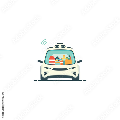 Modern delivery vehicle carrying groceries, a front-view illustration.