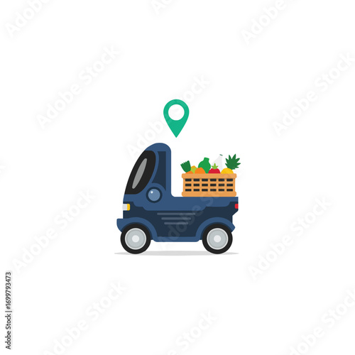 Small, dark-blue delivery truck carrying a basket of fresh produce, indicated by a location pin above.