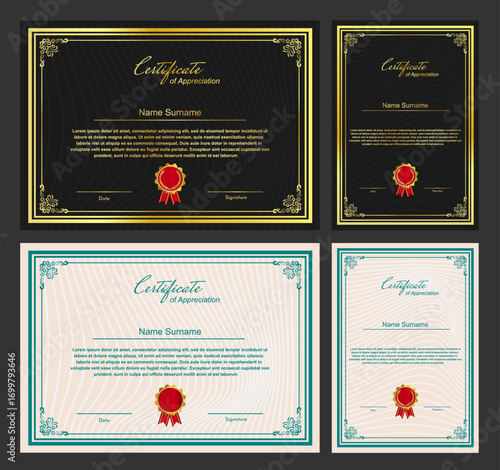 Award Certificate Design with black and cream background as options and gold frame.  Vector Illustration