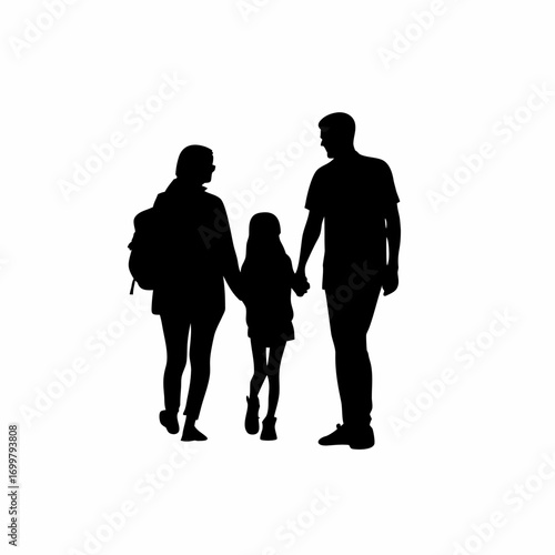 Silhouette of parents saying goodbye to daughter at college isolated on white background