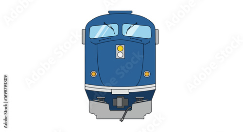 Frontal cartoon-style illustration showcases a blue diesel locomotive against a clear white background emphasizing its design and detail using