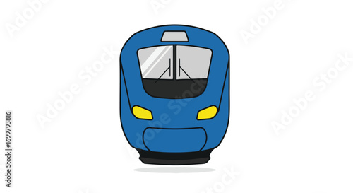 Illustration of a modern electric train locomotive front with simplistic design and bold blue color scheme on a clean white backdrop showcases