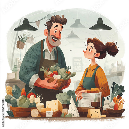 Cheerful illustration of farmers at a market selling vegetables and cheese. Symbol of organic food, healthy lifestyle, sustainability, and community. Vector illustration