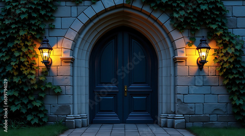 Ornate Gothic Archway Entrance with Dark Double Doors and Wall Sconces doorway stone