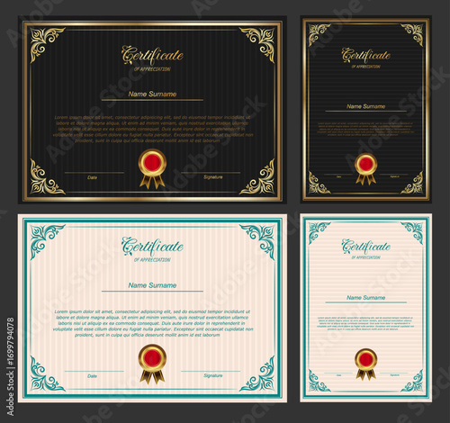 Award Certificate Design with black and cream background as options and gold frame.  Vector Illustration